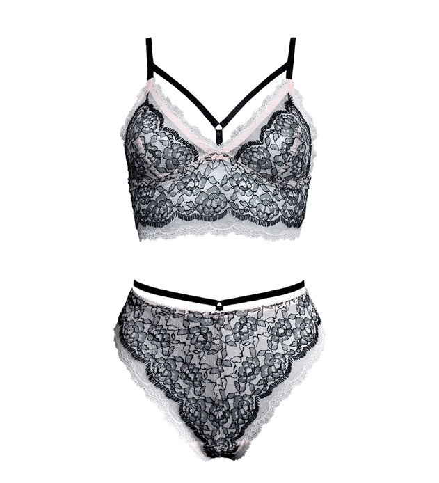 Crush Longline Lace Underwear Set Black/White