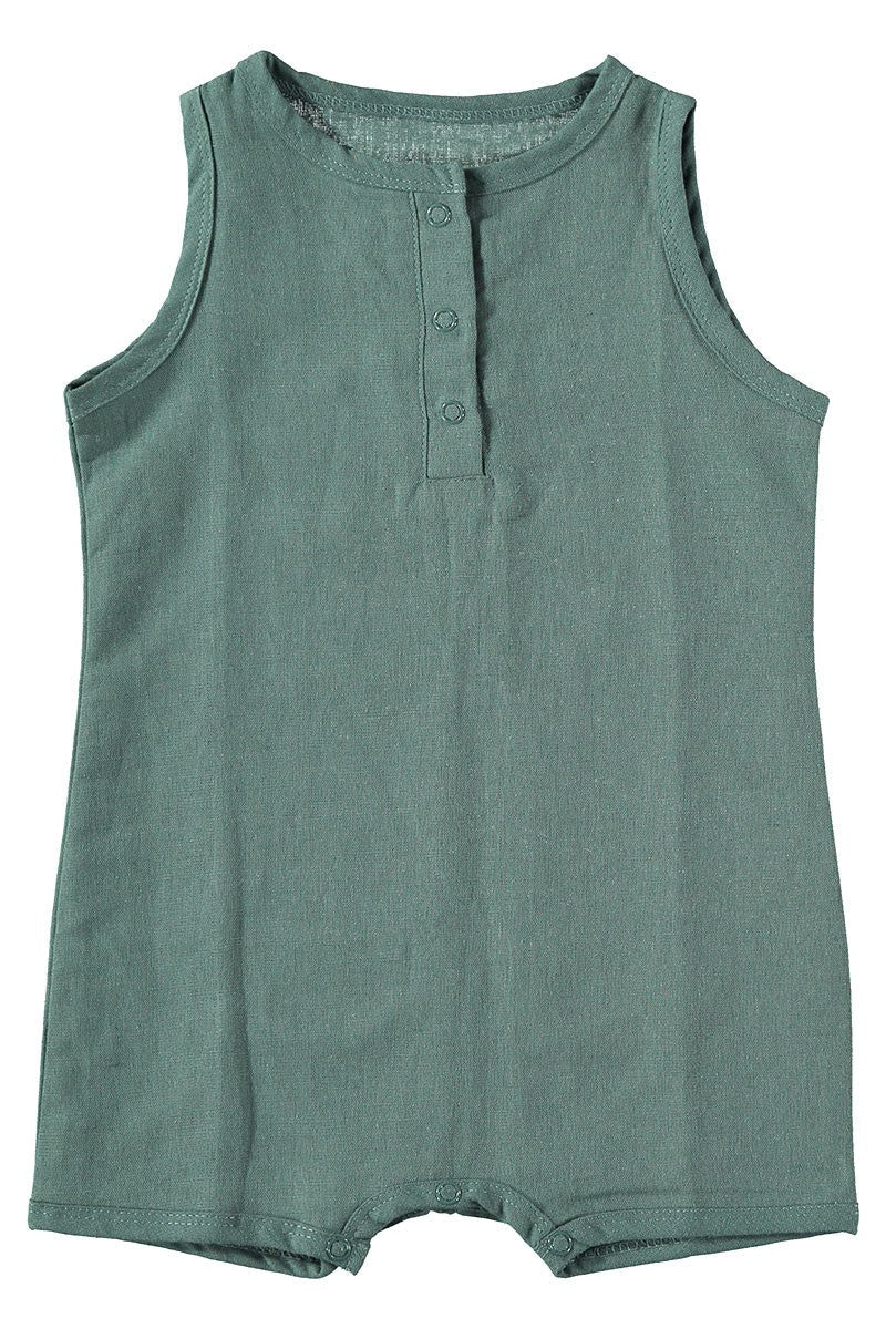 Baby's Linen Blend Romper Aquamarine Blue