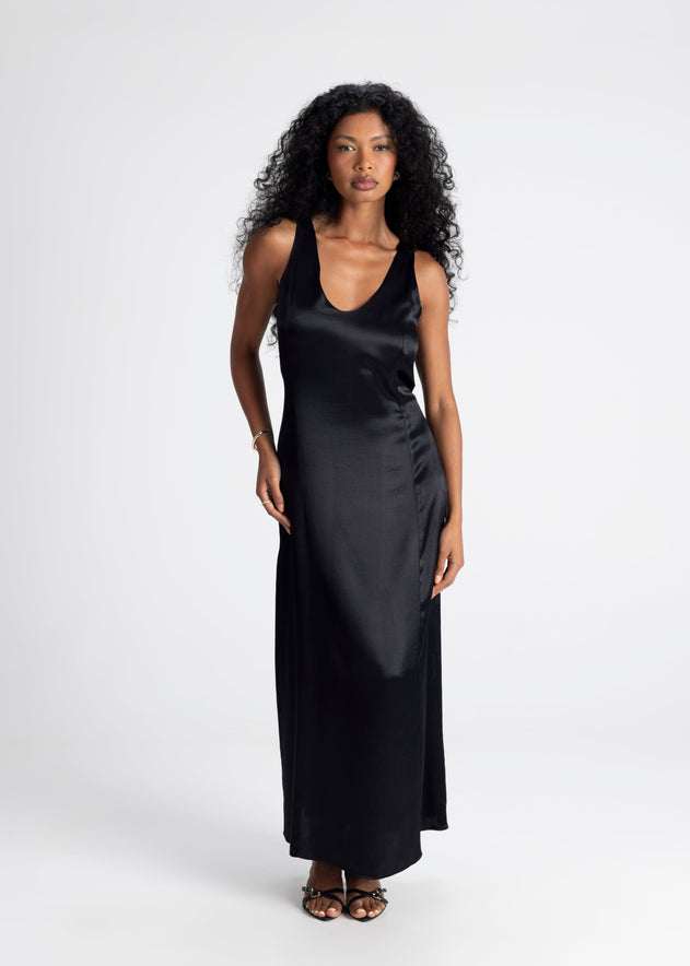 Elena Long Satin Dress Black