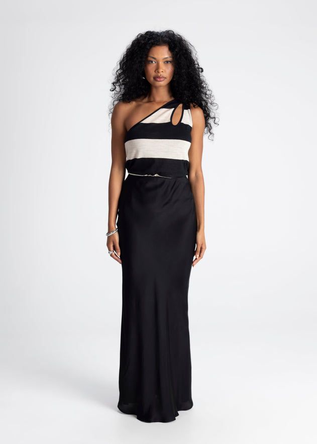 Francesca One Shoulder Wool Top Black/Beige