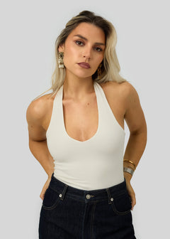 Cleo Plunge Halter Bodysuit Cream White