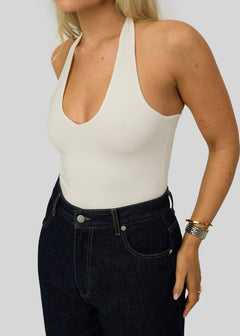 Cleo Plunge Halter Bodysuit Cream White