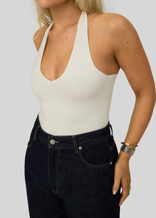 Cleo Plunge Halter Bodysuit Cream White