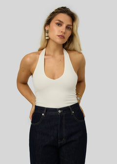 Cleo Plunge Halter Bodysuit Cream White