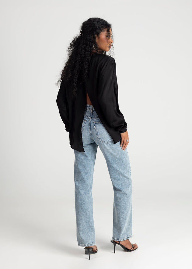 Halo Long Sleeve Satin Blouse Black