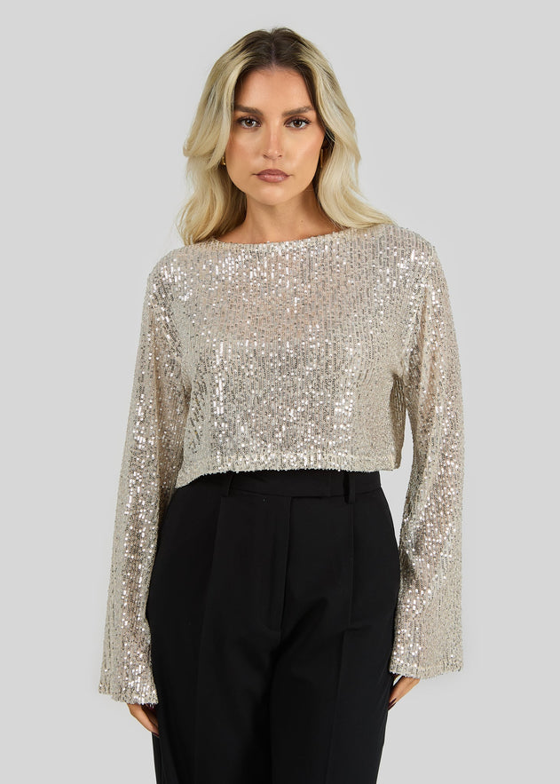 Rue Sequins Long Sleeve Top Champagne