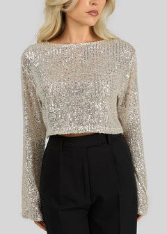 Rue Sequins Long Sleeve Top Champagne