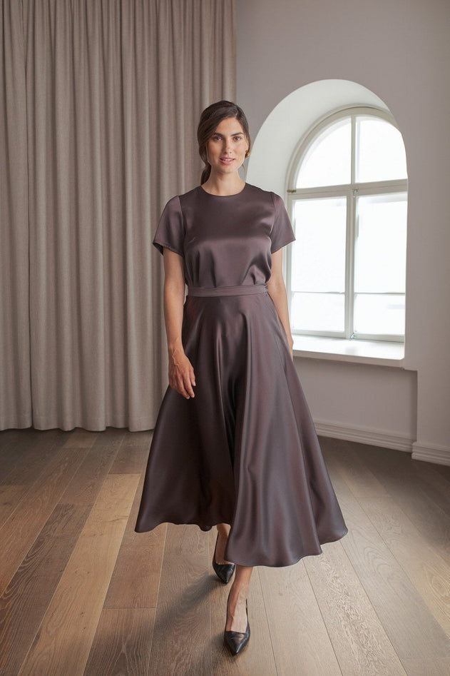 Tina Wide Flared Satin Skirt Dark Chocolate