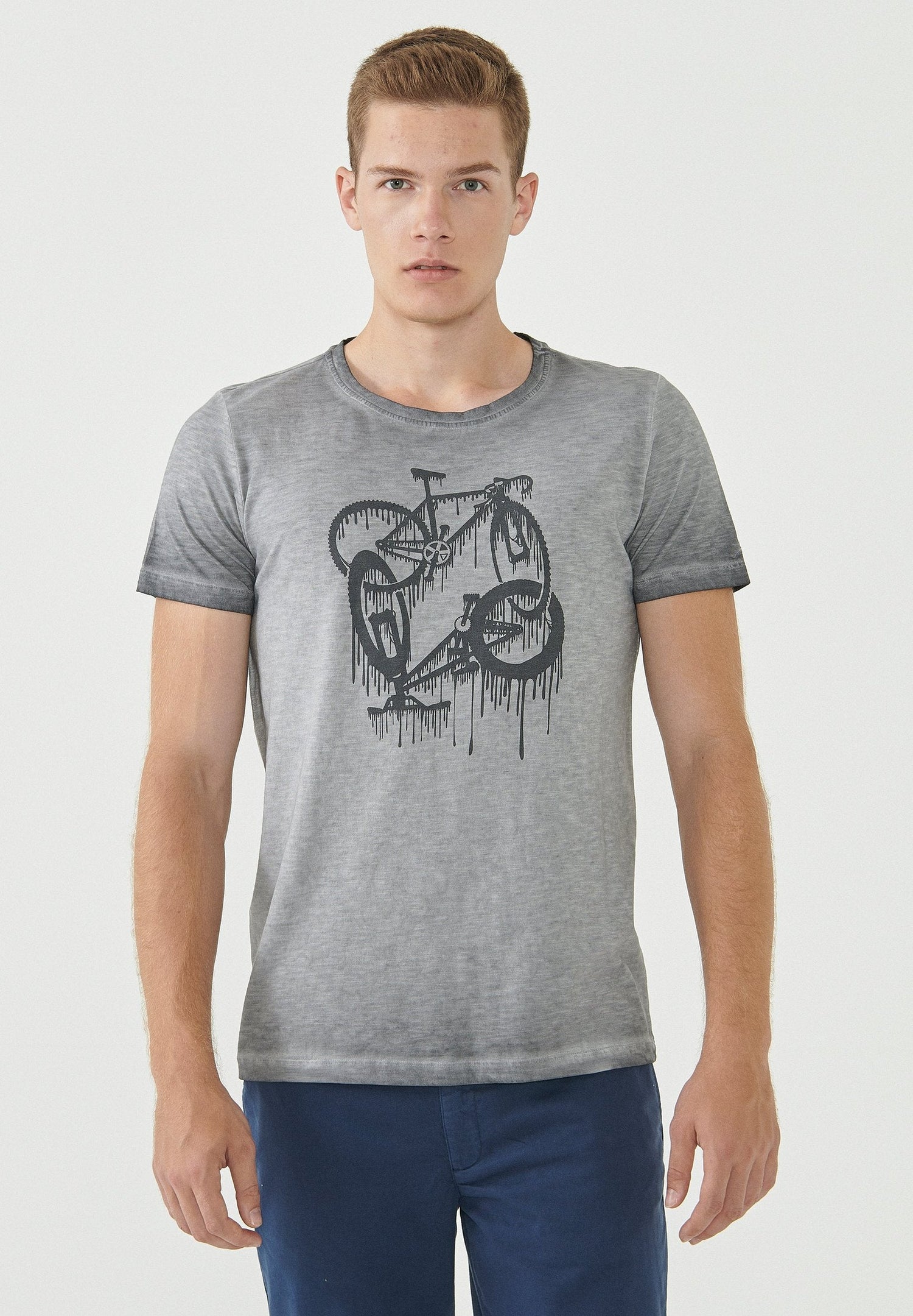 Heren Stukgeverfd Bicycle Print T-shirt Shadow