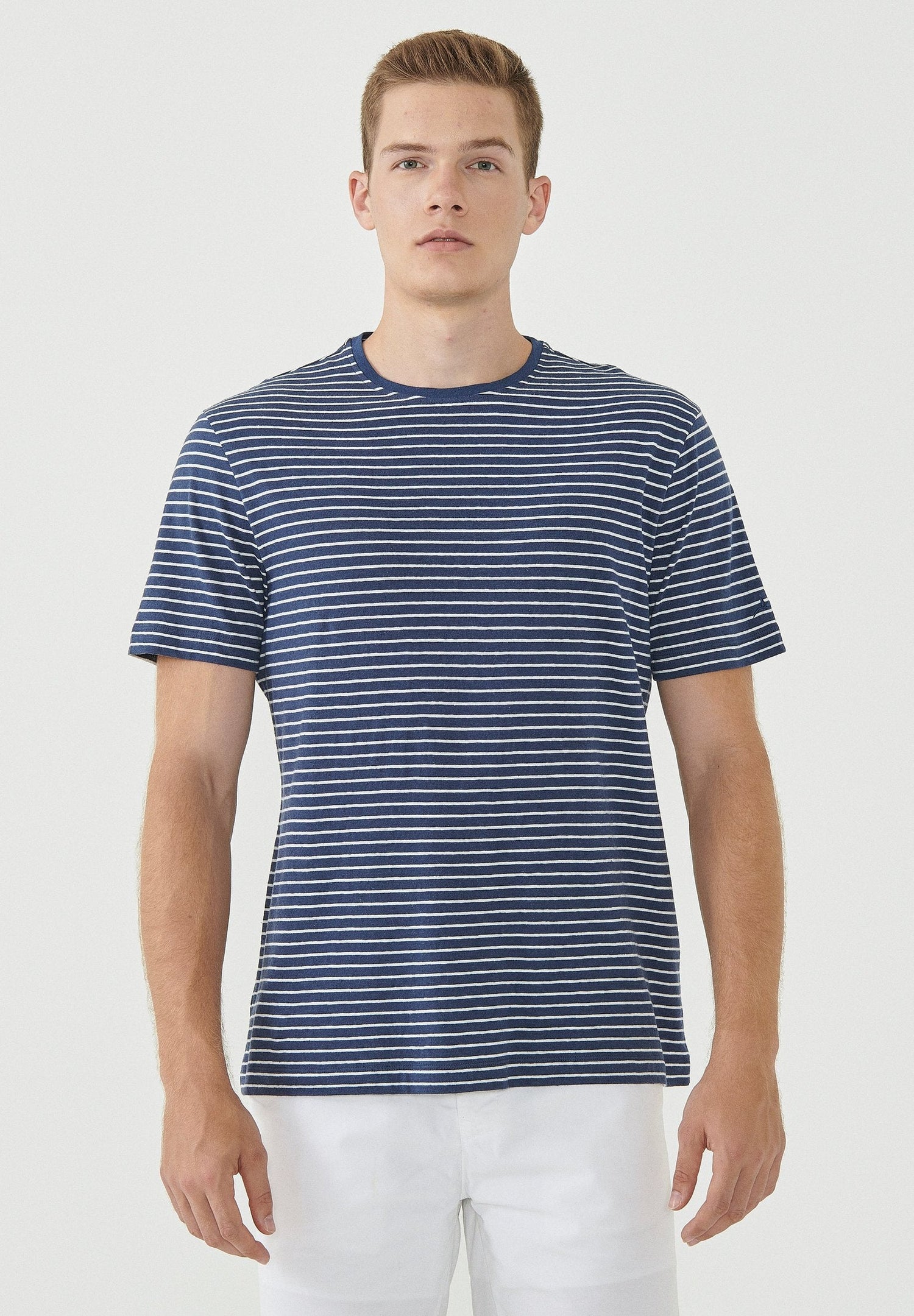 Heren Gestreept Linnenmix Biologisch katoen T-shirt Marineblauw / Gebroken wit