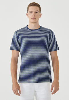 Heren Gestreept Linnenmix Biologisch katoen T-shirt Marineblauw / Gebroken wit