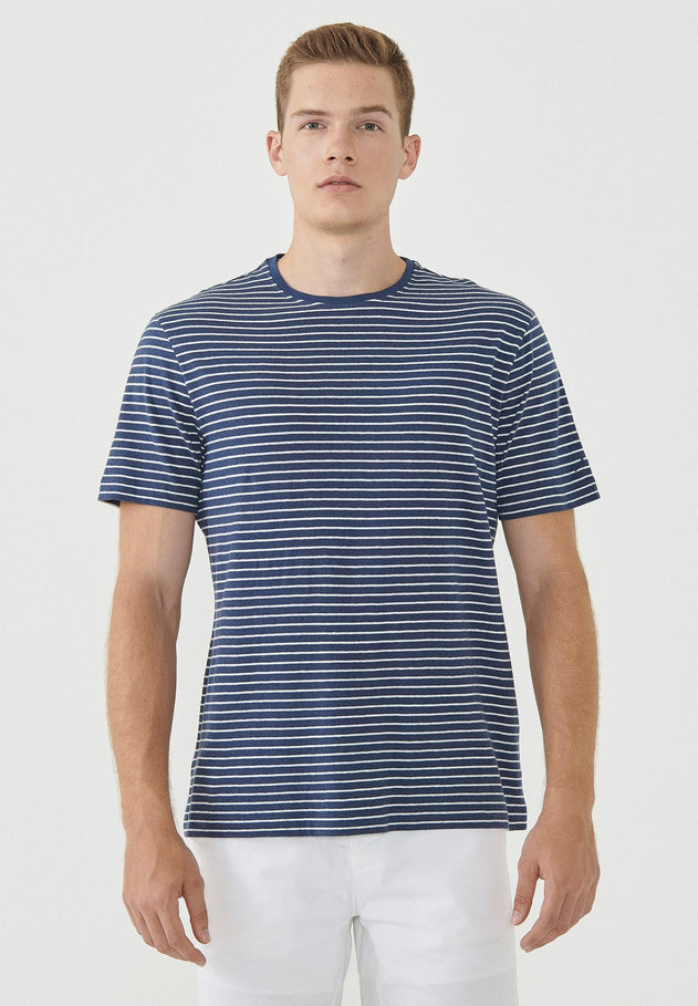 Heren Gestreept Linnenmix Biologisch katoen T-shirt Marineblauw / Gebroken wit