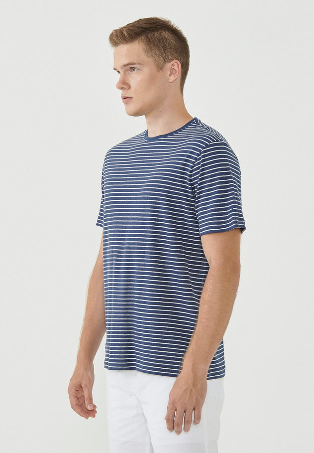Heren Gestreept Linnenmix Biologisch katoen T-shirt Marineblauw / Gebroken wit