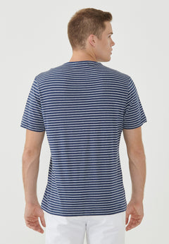 Heren Gestreept Linnenmix Biologisch katoen T-shirt Marineblauw / Gebroken wit