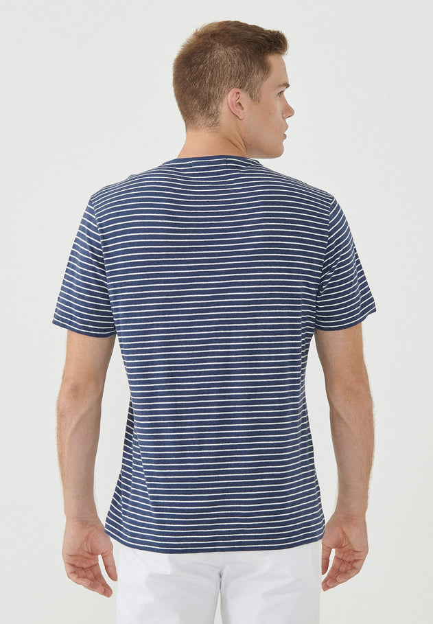 Heren Gestreept Linnenmix Biologisch katoen T-shirt Marineblauw / Gebroken wit