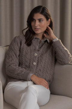 Vivianna Cable Knit Wool Cashmere Blend Cardigan Nougat