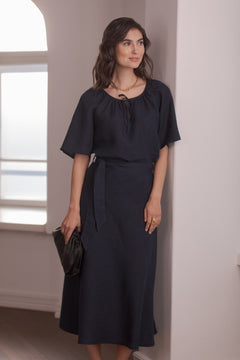 Liana Wide-hemmed Linen Skirt Dark Navy
