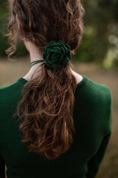 Hand-Crocheted Merino Wool Flower Scrunchie Forest Green