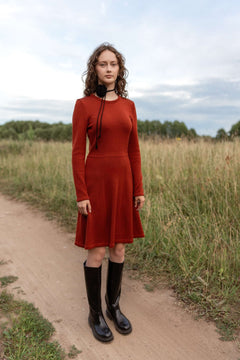 Mini Knitted Merino Wool A-Line Dress Rust