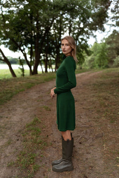 Mini Knitted Merino Wool A-Line Dress Forest Green