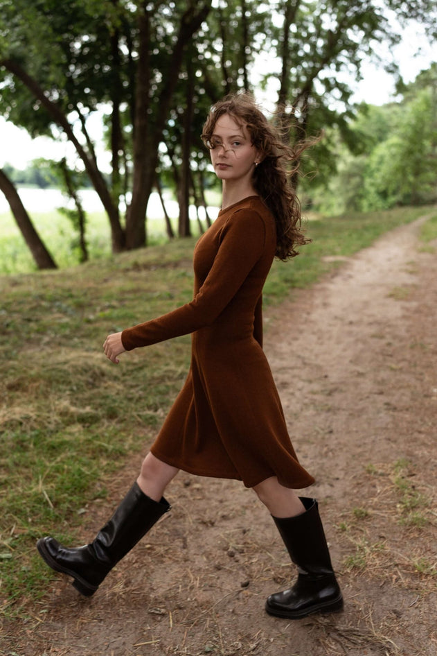 Mini Knitted Merino Wool A-Line Dress Chocolate Brown