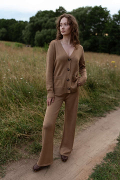 Knitted Merino Wool Pants & Cardigan Set Camel