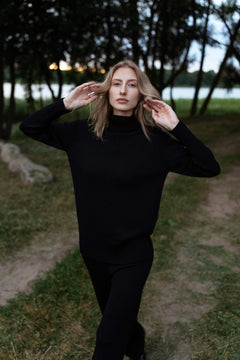 Knitted Merino Wool Pants & Sweater Set Black