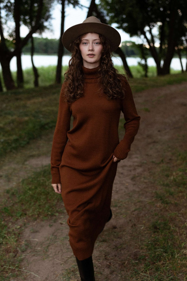 Turtleneck Knitted Merino Wool Sweater Dress Chocolate