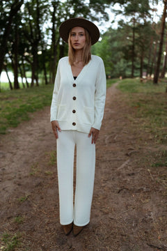 Knitted Merino Wool Pants & Cardigan Set Natural White