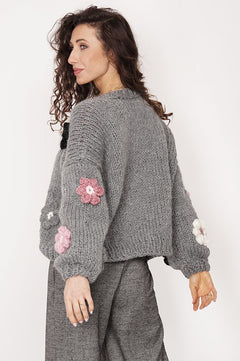 Flower Handmade Cardigan Dark Grey