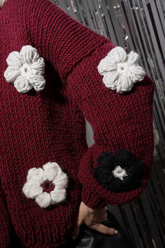 Flower Handmade Cardigan Claret Red