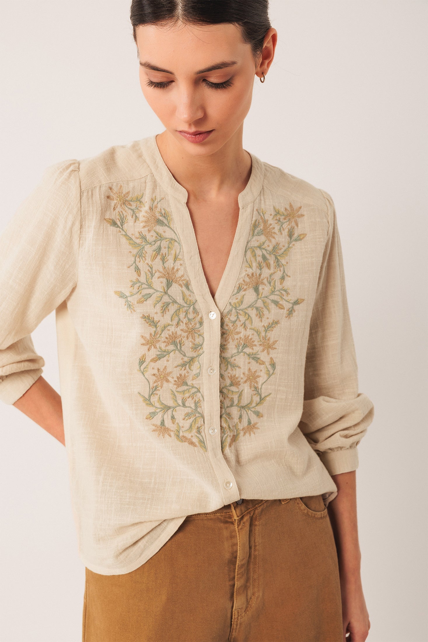 Combined Embroidered Shirt Beige
