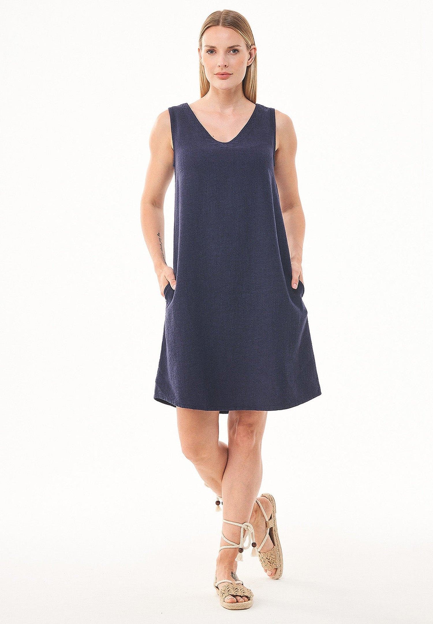 Mouwloos V-hals Linnenmix Jurk Marineblauw