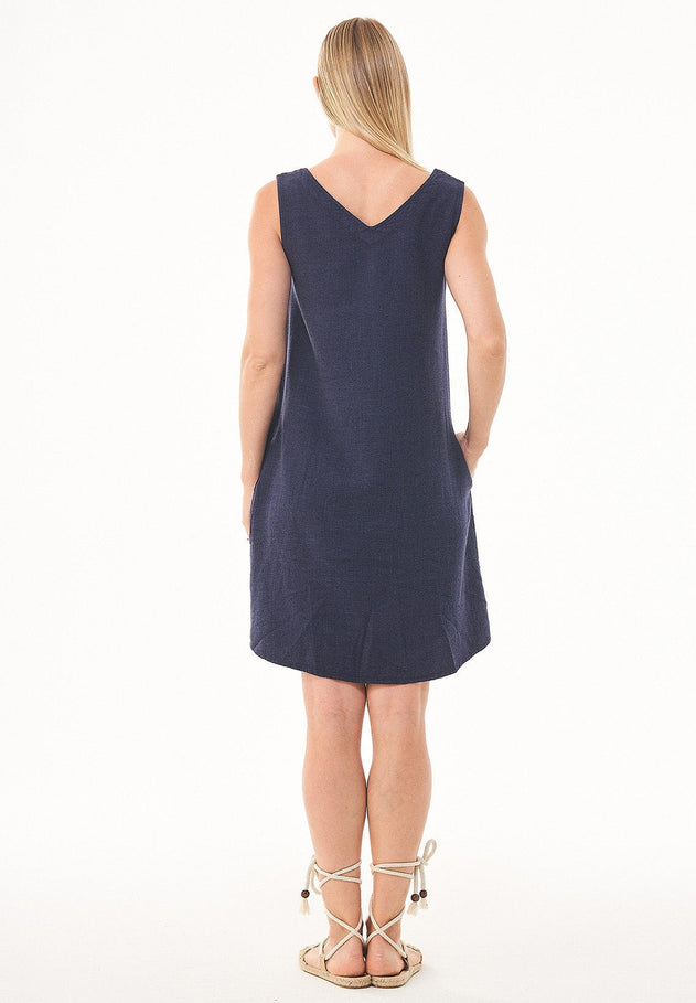 Mouwloos V-hals Linnenmix Jurk Marineblauw