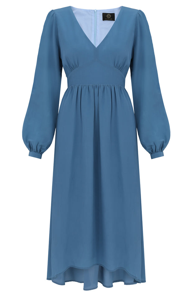 Blauwe zijden maxi -jurk