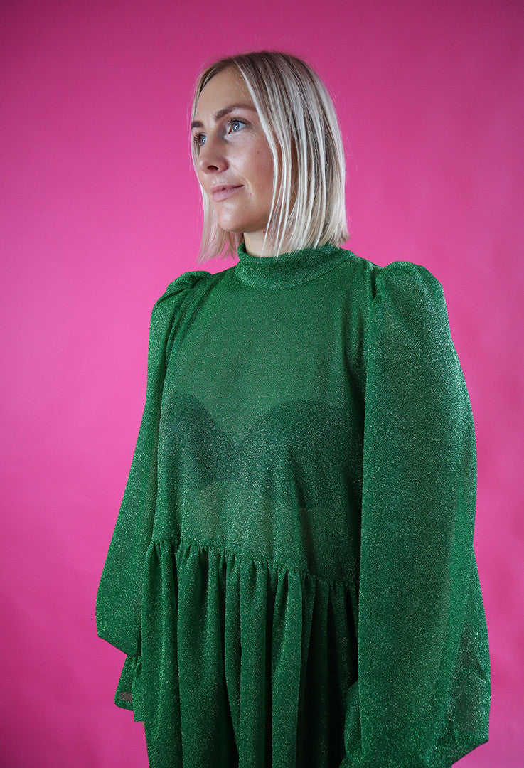 Dishy Dress With Bow Collar Glitter Green