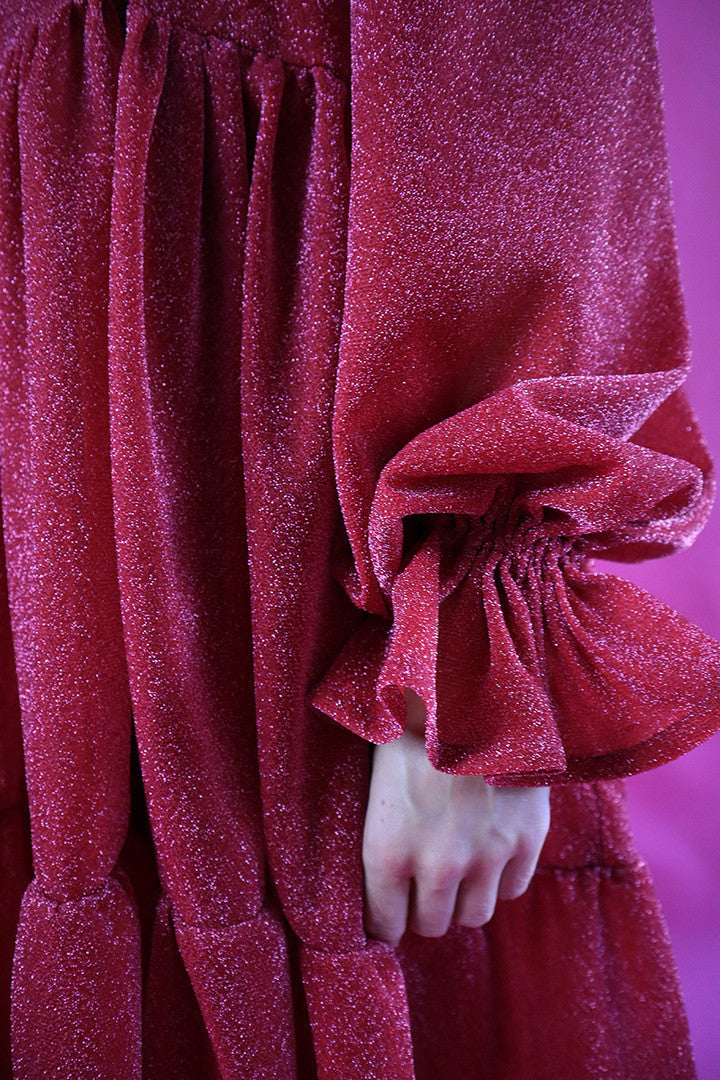 Dishy Dress With Bow Collar Glitter Red