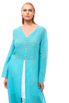 Embroidered Linen Gauze Kimono Turquoise