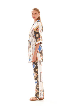 Belted Embroidered Linen Kimono with Batwing Sleeves