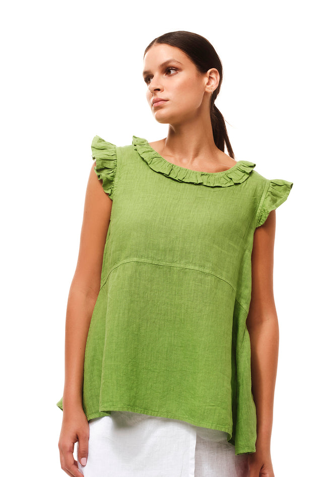 Linen Blouse with Butterfly Sleeve Green