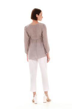 V-Neckline Embroidered Linen Gauze Blouse Grey