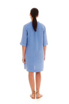 Button Front Linen Dress Blue