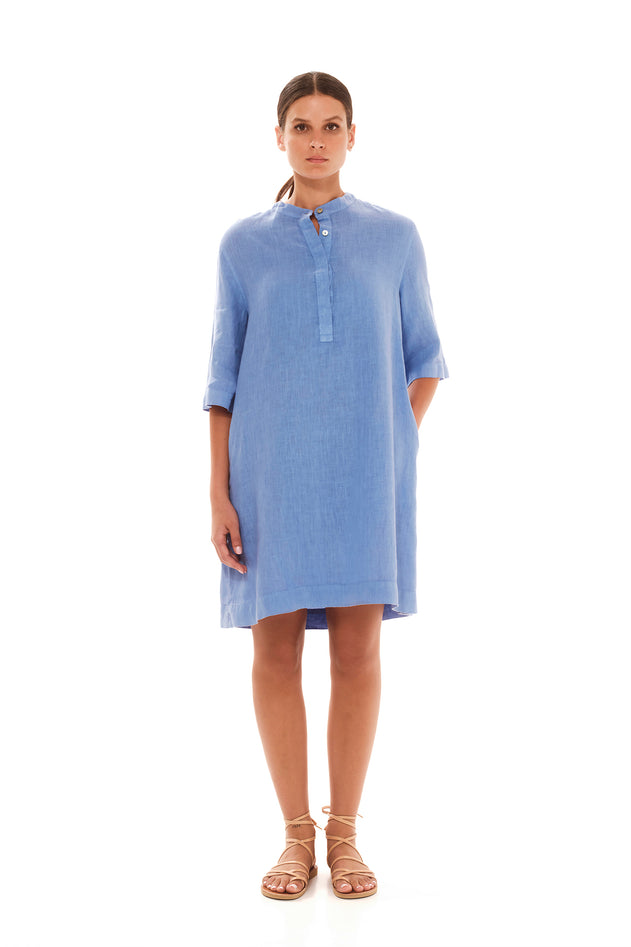 Button Front Linen Dress Blue