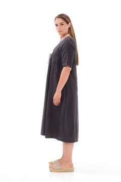 Midi Linen Dress with Tab Sleeve and Front Pockets