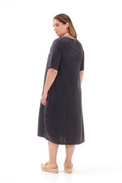 Midi Linen Dress with Tab Sleeve and Front Pockets