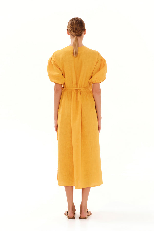 Puffy Sleeve Linen Midi Dress Yellow