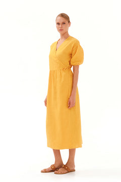 Puffy Sleeve Linen Midi Dress Yellow