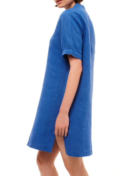 Mandarin Neck Linen Cami Dress with Flutter Sleeves Lapis Blue