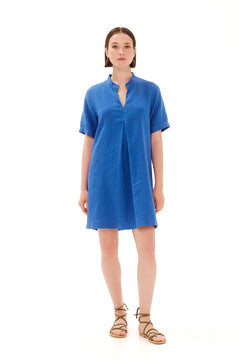 Mandarin Neck Linen Cami Dress with Flutter Sleeves Lapis Blue