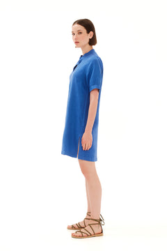 Mandarin Neck Linen Cami Dress with Flutter Sleeves Lapis Blue